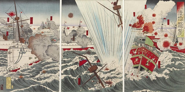 清の艦隊を攻撃する松島を描いた浮世絵（画：春斎年昌、出版：小森宗次郎）